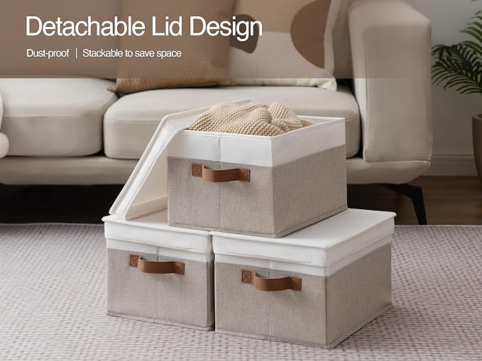 StorageWorks Large Storage Bins with Lids, Decorative Storage Boxes with Lid and PU Handles, Foldable Storage Baskets for Closet, Shelves, Stackable, Brown and White, 3-Pack-Ruum Studio Home