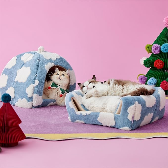Lesure Cute Cat Beds for Indoor Cats - 2 in 1 Large Cat Cave Bed for Puppy and Small Dog with Removable Washable Cushioned Pillow, Cozy Kitten Tent with Non-Slip Bottom, Blue, 17.3 inches-Ruum Studio Home