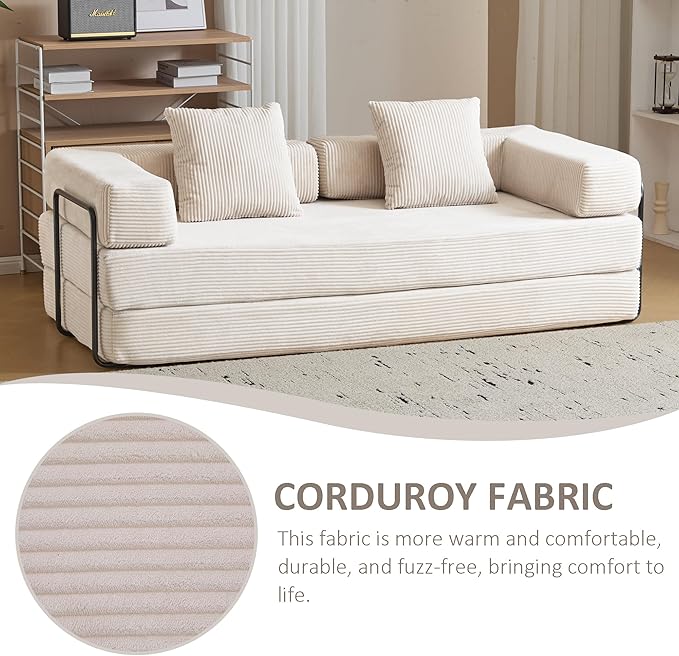 Convertible Sleeper Sofa Bed, Compression Folding Sofa with Pillow, No Assembly Required, Shape Frame, Floor Sofas Lounge Couch for Living Room, Bedroom, Small Spaces(Corduroy, 77''W, Off-white)-Ruum Studio Home