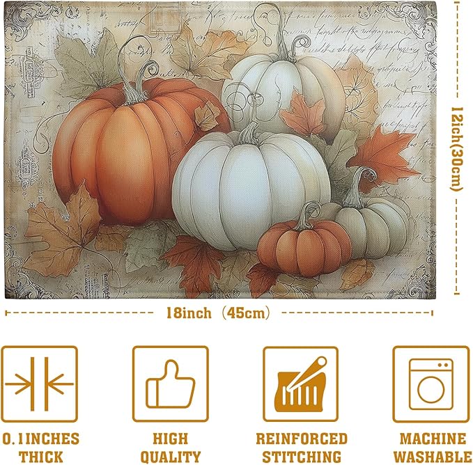 Fall Pumpkin Placemats Set of 4 Vintage Autumn Maple Leaf Seasonal Place Mats 12x18 Inch Thanksgiving Farmhouse Linen Fabric Table Mats for Party Kitchen Dining Outdoor Indoor Decor-Ruum Studio Home