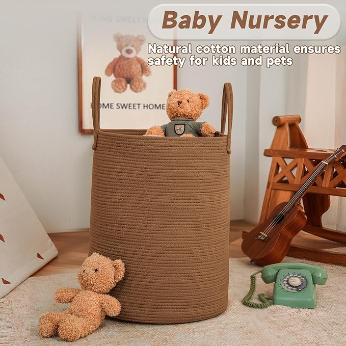 Large Woven Laundry Basket Hamper,80L Cotton Rope Storage Bin for Blankets,Toys and Clothes,Decorative Tall Nursery Hamper for Living Room,Baby Nursery,Bathroom and Bedroom,Golden Jute-Ruum Studio Home