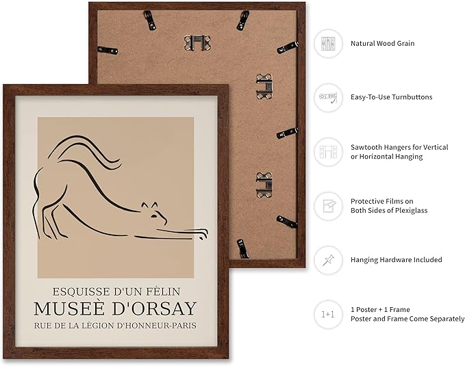 Poster Master Vintage Poster - Retro Minimalist Print - Gift for Artist, Housewarming - Cat, Line Drawing, Sketch, Abstract - Wall Decor for Living Room, Bedroom, 8x10 Brown Framed-Ruum Studio Home