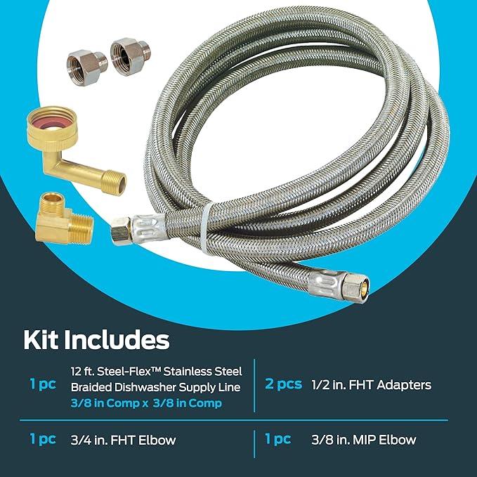Eastman Dishwasher Installation Kit, 12 Foot Hose with Adapters, 3/8 Inch MIP x 3/4 Inch FHT Elbows, Braided Stainless Steel Connectors, 69008-Ruum Studio Home