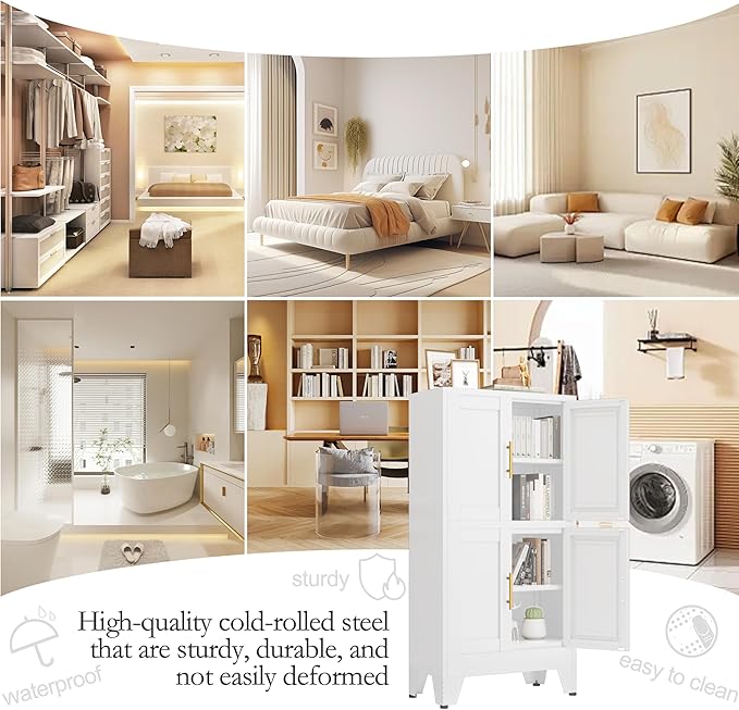 47.25" Metal Pantry Cabinet, Storage Cabinets with 4 Door and 2 Adjustable Shelves, White Bathroom Cabinet, Freestanding Cupboard for Kitchen Dining Living Room Bathroom-Ruum Studio Home