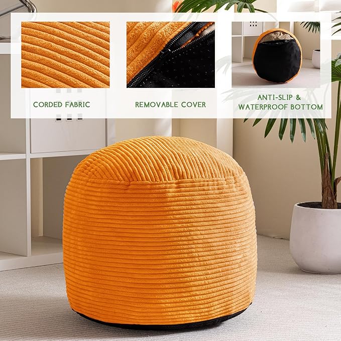 HIGOGOGO Round Stuffed Pouf Ottoman, Corduroy Poufs with Foam Chunk Filling, Furry and Fluffy Pouf Foot Stool Storage Ottoman, 20 X 15 Floor Poufs Foot Rest for Living Room, Orange-Ruum Studio Home