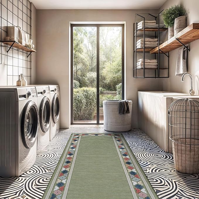 Beverly Rug Outdoor Runner Rug 2x7 Modern Floral Bordered Area Rugs for Indoor and Outdoor Patio Easy to Clean Non Shedding Living Room Porch Garden Washable Outside Carpet (2 x 7 Green)-Ruum Studio Home