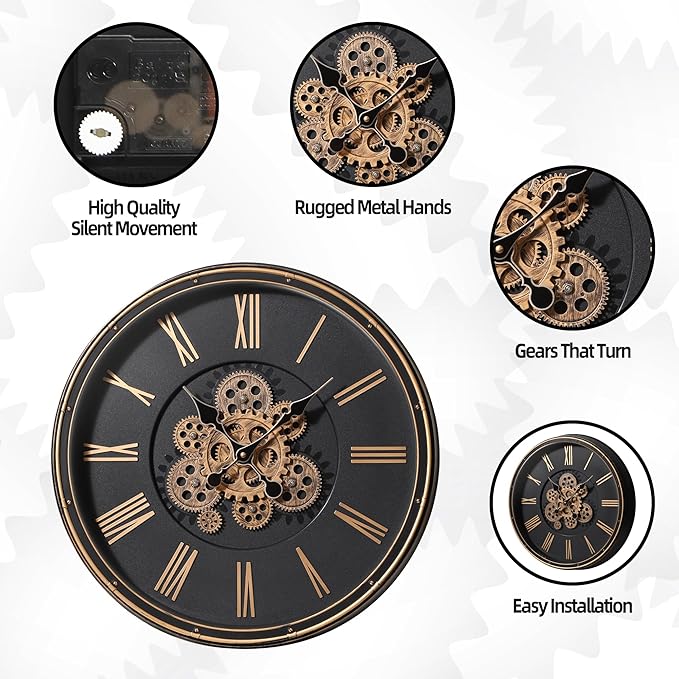 Maxstar Large Moving Gear Wall Clock,20" Vintage Mechanical Battery Operated Industrial Wall Clocks for Farmhouse Living Room,Home Office, Dinning Room, Kitchen, Steampunk Decor-Gold,Roman Numeral-Ruum Studio Home