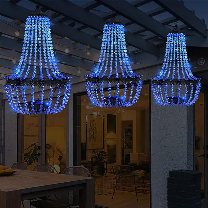Hanging Solar Chandelier Outdoor, 30 Blue Lights Acrylic Clear Beaded Chandelier with S Hooks Modern Lantern for Garden Yard Patio Gazebo Decorations, 28”H-Ruum Studio Home