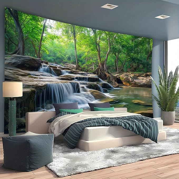 BSFHH Nature Tapestry Forest Tree Sea Cave Wall Hanging, Stream Through Rainforest Landscape Wall Art Tapestry for Bedroom Living room (Creek, 90"×70", Unframed)-Ruum Studio Home