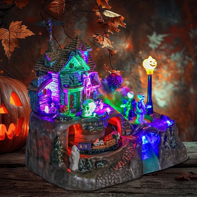 DREAM GARDEN Halloween Village Collection, Lighted Spooky Haunted House with Animated Train and Scary Sound Halloween Collectible Bulidings with Skull, Pumpkin, Ghost for Holiday Party Tabletop Decor-Ruum Studio Home