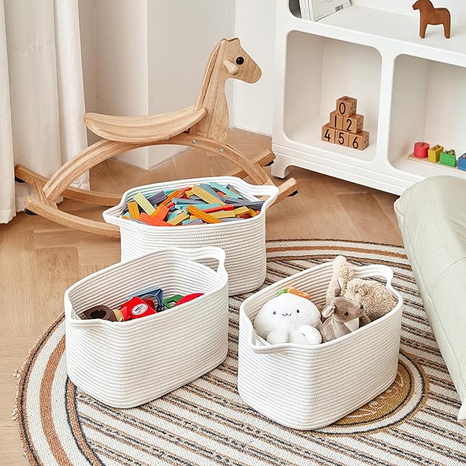 3 Packs Cotton Rope Woven Basket With Handles for Shelves -15"*10.2"*9.1"(White)-Ruum Studio Home