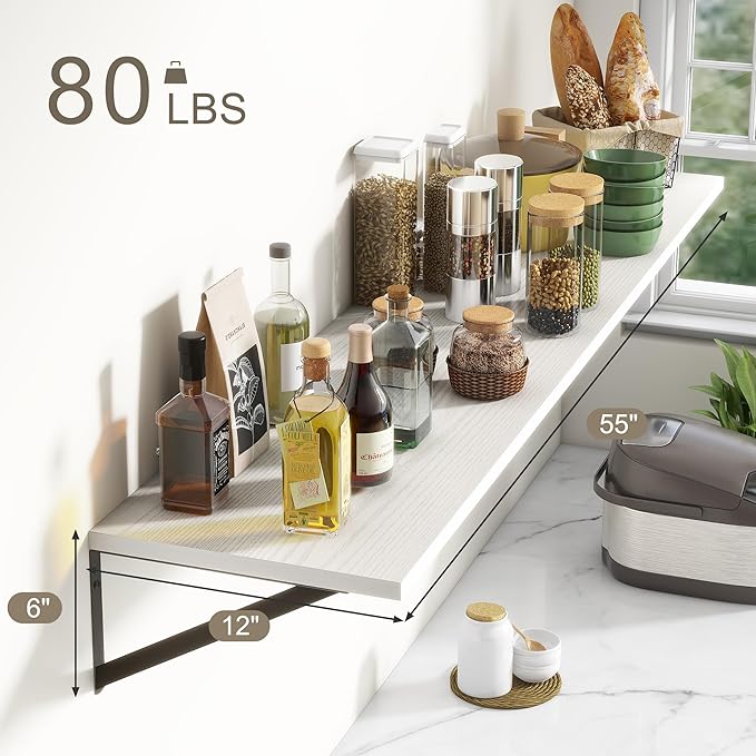 Fun Memories Deep Floating Shelves, 55W x 12D Floating Shelves for Wall, Wood White Floating Shelf with Bracket, Wide Display & Storage Wall Shelves for Living Room, Bedroom,-Ruum Studio Home