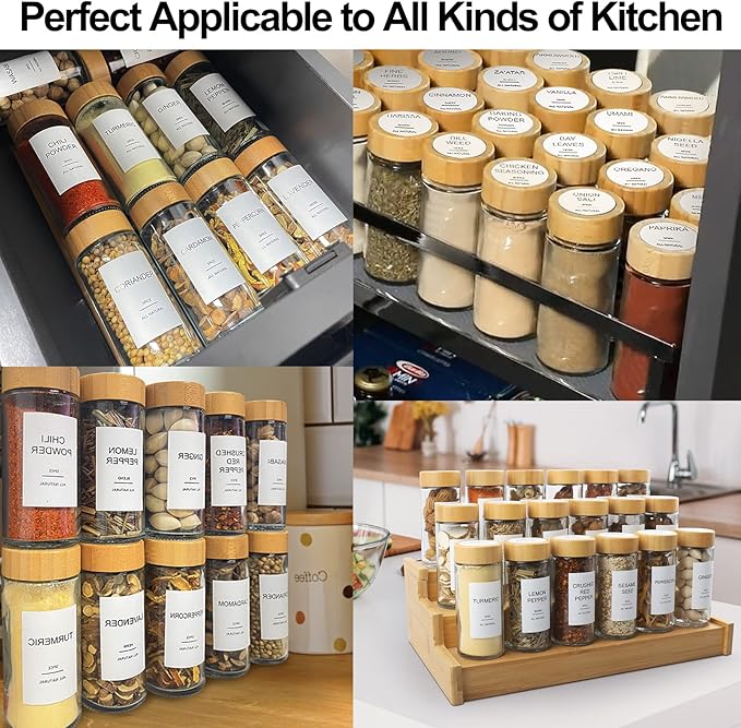 AISIPRIN Glass Spice Jars with 398 Labels-4oz 24 Pcs,Round Seasoning Jars with Bamboo Airtight Lids,Spice Container Set -Shaker Lids, Funnel,Brush and Marker Included-Ruum Studio Home