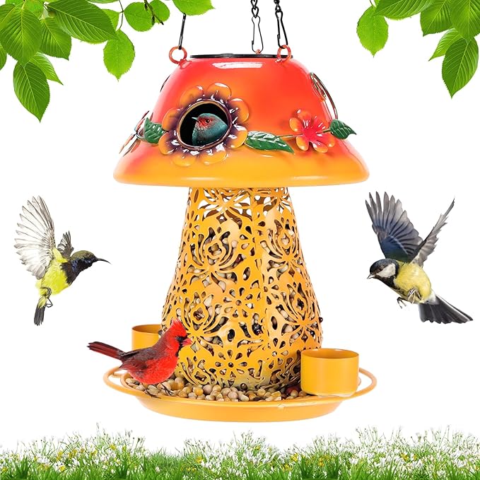 Mushroom Solar Bird Feeders for Outdoors Hanging Metal Wild Bird Feeder Garden Lantern with S Hook for Garden Decoration Orange-Ruum Studio Home