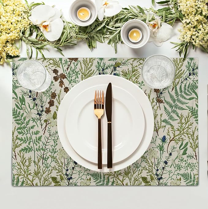 Sage Green Botanical Floral Placemats Set of 4 Vintage Tropical Herbs Fern Leaves Place Mats 12x18 Inch Seasonal Plant Spring Summer Linen Fabric Table Mats for Party Kitchen Dining Decor-Ruum Studio Home