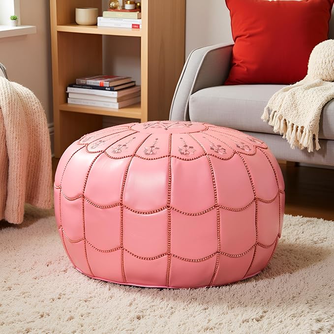 Stuffed Arch Design Moroccan Leather Pouf Ottoman, Handmade, Pre-Filled, 100% Genuine Leather, 14” Height x 22” Diameter – Boho Chic Footstool & Living Room Décor (Pink)-Ruum Studio Home
