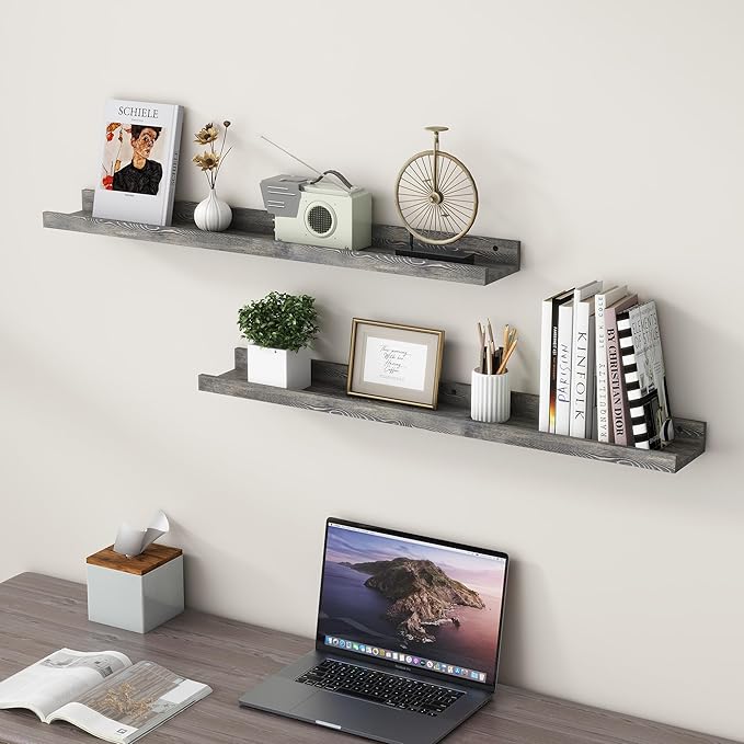 36 Inches Floating Shelves for Wall, Solid Pine Wood Picture Ledge Shelves, Wall Shelves with Lips, Nursery Book Shelves for Toys Storage Living Room Bedroom Photo Frames (2 Pcs, Grey)-Ruum Studio Home
