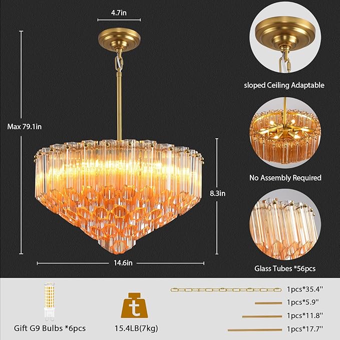 Modern Amber Glass Chandelier, 14" Round Crystal Dining Room Pendant Light Chandelier, Luxury Brass Hanging Fixture for Bedroom, Gold Kitchen Island Light, Dimmable Small Ceiling Lighting Chandeliers-Ruum Studio Home