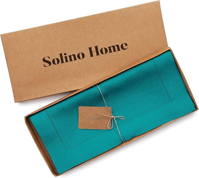 Solino Home Linen Teal Table Runner 156 Inches Long - 100% Pure Linen Extra Long Table Runner 14 x 156 Inch for Fall, Autumn - Classic Hemstitch-Ruum Studio Home