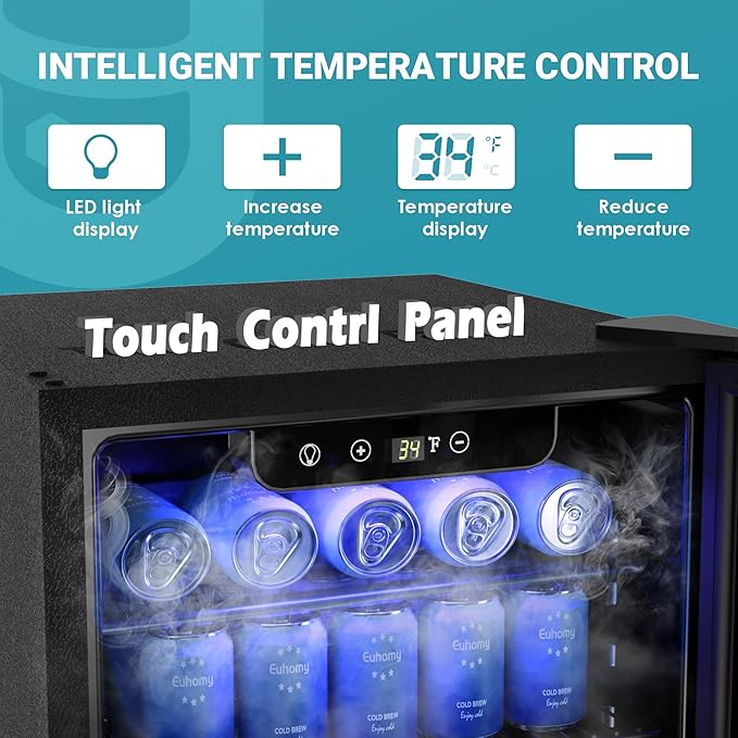 EUHOMY 100 Can Beverage Refrigerator cooler-Mini Fridge Glass Door for Beer Drinks Wines, Freestanding Beverage Fridge with Adjustable Shelves Blue LED for Home/Office/Dorm/Bar, 2.7 cu.ft-Ruum Studio Home