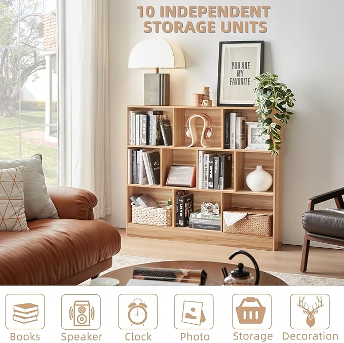 LEYAOYAO 10 Cube Bookshelf with Base,3 Tier Mid-Century Modern Grey Bookcase,Standing Wide Bookshelves Storage Organizer Shelf,Rustic Wood Display Cabinet Book Shelves for Bedroom,Living Room,Office-Ruum Studio Home