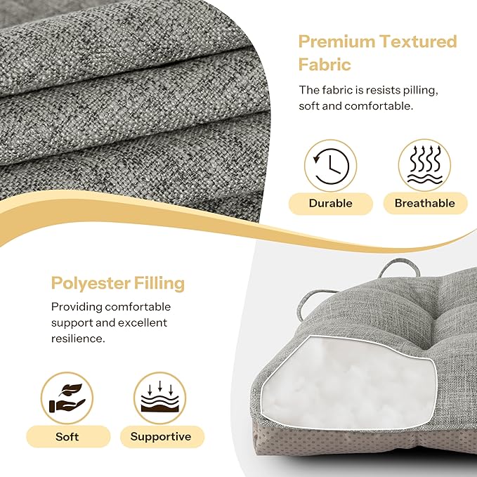 Non Slip Chair Cushions for Dining Chairs Set of 4 Kitchen Chair Cushions 18"x18"x3" Turfted Chair Pads Comfortable and Soft Seat Cushion with Ties, Light Grey-Ruum Studio Home