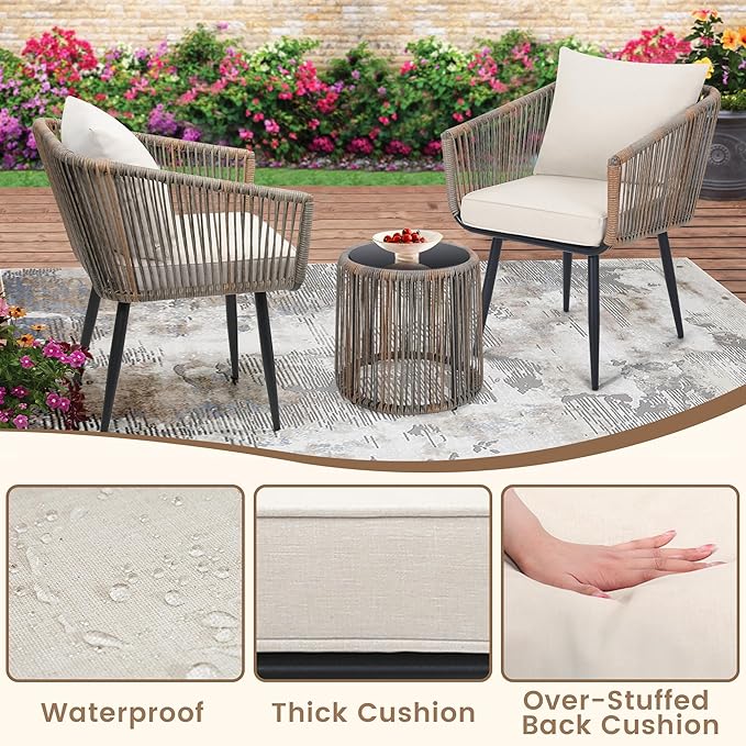 Kromax 3 Pieces Patio Rattan Bistro Conversation Set, Outdoor All-Weather Wicker Furniture Chairs and Side Table Set Ideal for Balcony, Porch and Backyard, Beige-Ruum Studio Home