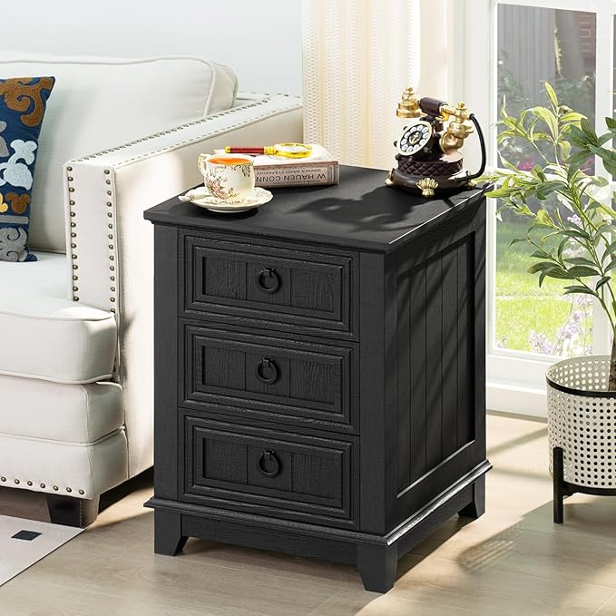 18" Farmhouse Night Stand with 3 Drawers, Wood End Table Dresser for Bedroom, Black Nightstand, Bed Side Table with Metal Handle, Bedside Cabinet for Bedroom Living Room, Closet-Ruum Studio Home