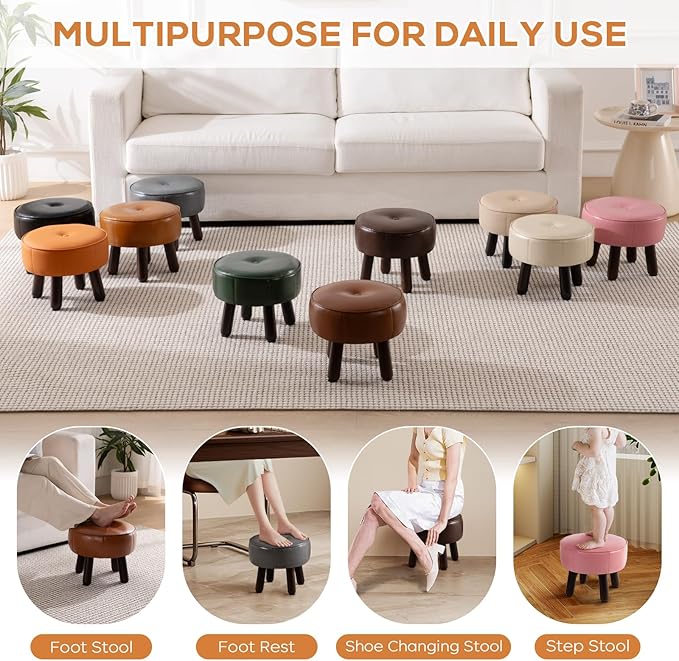 Small Foot Stool Ottoman, Round Pouf Foot Rest, Footstool Ottomans with Rubber Legs Under Desk, Faux Leather Footrest for Couch, Living Room, Bedroom, Hallway, Office, 13''L x 13''W x 10.2''H-Ruum Studio Home