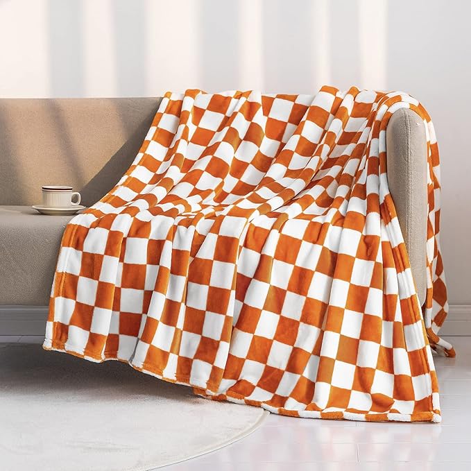 LOMAO Throw Blankets Flannel Blanket with Checkerboard Grid Pattern Soft Throw Blanket for Couch, Bed, Sofa Luxurious Warm and Cozy for All Seasons (Orange, 90"x110")-Ruum Studio Home