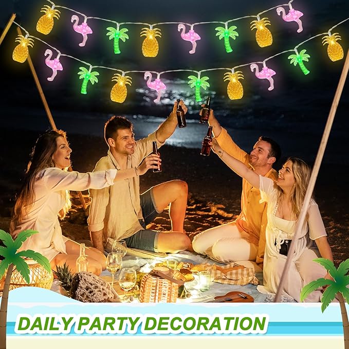 Couah 30 LED 16Ft Summer Beach Hawaiian String Lights - 8 Modes & Timer - Flamingo Pineapple Palm Tree Fairy Lights - Battery Operated for Tropical Party Pool Decorations-Ruum Studio Home