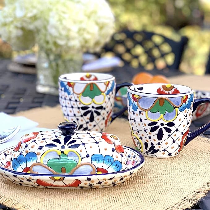 Encantada Handmade Hand-Painted Authentic Mexican Pottery Mugs (1-Pack, Dots & Flowers)-Ruum Studio Home