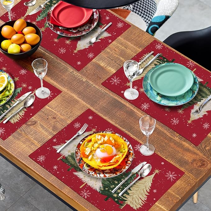 Red Christmas Tree Placemats Set of 4, 12x18 Inch Xmas Trees Snowflakes Winter Holiday Place Mats Seasonal Washable Linen Table Mat for Indoor Outdoor Kitchen Dining Party Decor-Ruum Studio Home