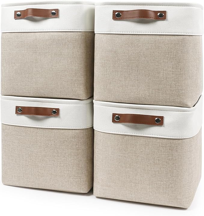 Collapsible Fabric Storage Cubes 11x11 Cube Storage Bins, 4 Pack Closet Baskets Box with Handles for Organizing, Shelf, Toys, Clothes, Home, Office, Nursery (Beige&White)-Ruum Studio Home