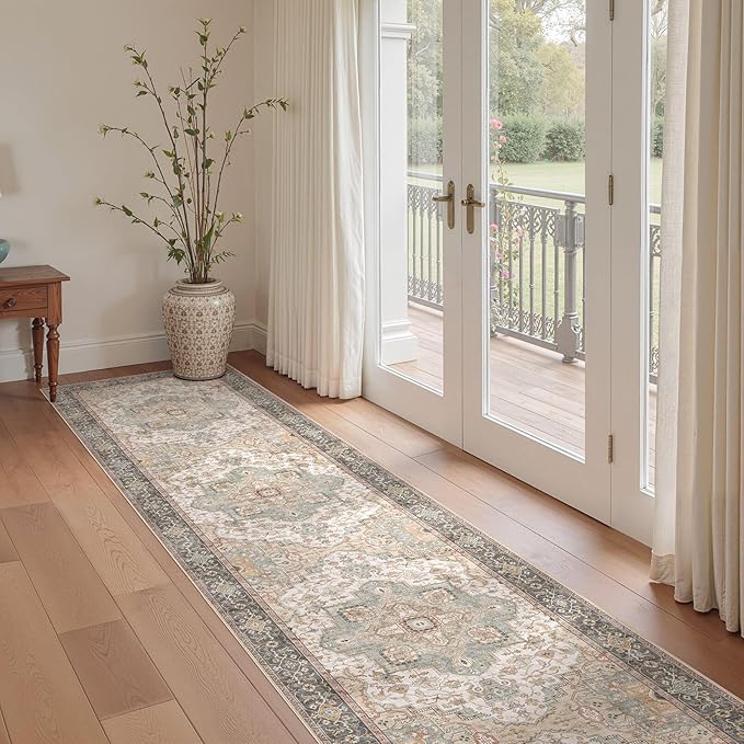 Washable 2.6x14 Runner Rug - Area Rugs Neutral Vintage Distressed Floral Farmhouse Boho Large Soft Floor Rug Indoor Carpet for Hallway Entryway Home - Forest Green Orange-Ruum Studio Home