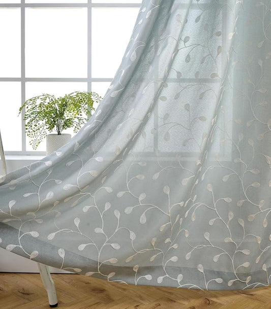 MIUCO Floral Embroidered Semi-Sheer Curtains Faux Linen Grommet Window Panel Pair for Nursery 52 x 63 Inch, Sea Foam-Ruum Studio Home