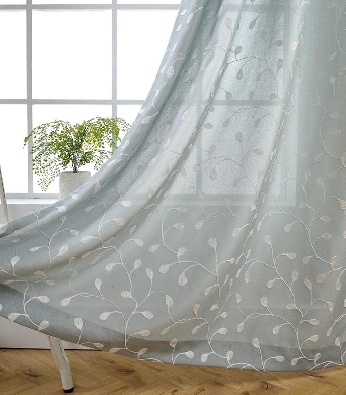 MIUCO Floral Embroidery Semi Sheer Curtains Faux Linen Grommet Curtains for Living Room 52 x 84 Inch 2 Panels Set, Sea Foam-Ruum Studio Home