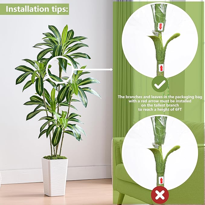 Artificial Dracaena Tree Artificial Silk Tree Faux Tree Fake Tropical Yucca Floor Plant with White Tall Planter (1, White Tall Planter, 6FT)-Ruum Studio Home