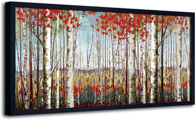 Large Framed Wall Art for Living Room Bedroom Modern Wall Decor of Red Leaves White Birch Tree Forest Giclee Painting Artwork Wall Decoration 29x58 Large Size Black Framed-Ruum Studio Home