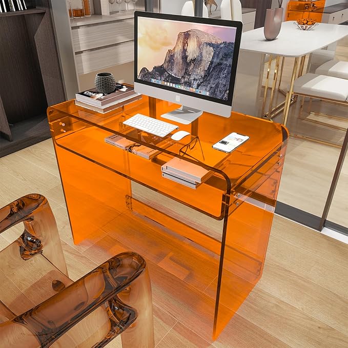 Acrylic Desk, Orange Table, Acrylic Console Table for Office, Study, Bedroom, Entrance Decor (15.5" D x 33.5" W x 29.3" H, Orange)-Ruum Studio Home