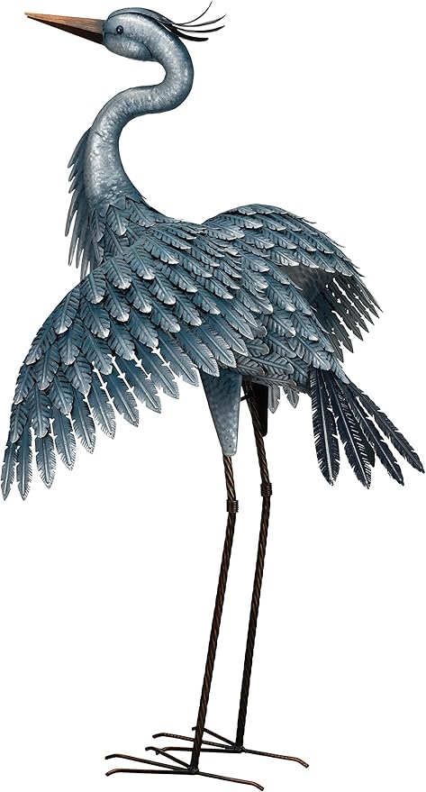 Regal Art & Gift Outdoor Garden Décor, Unique Bird Sculpture, Rustic Metal Bird Statues, Garden Ornaments, Bird Figurine for Lawn, Decorative Sculpture, Heron, Blue, Wings Down, 41"height-Ruum Studio Home