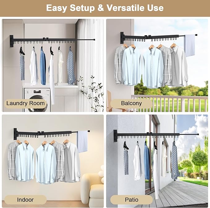 Bakala Clothes Drying Rack Foldable, Laundry Drying Rack Clothing Wall Mounted, Clothing Racks for Hanging Clothes, Heavy-duty Space Saving Hanger,Retractable,Expandable,Collapsible, 64" (Hooks,Black)-Ruum Studio Home