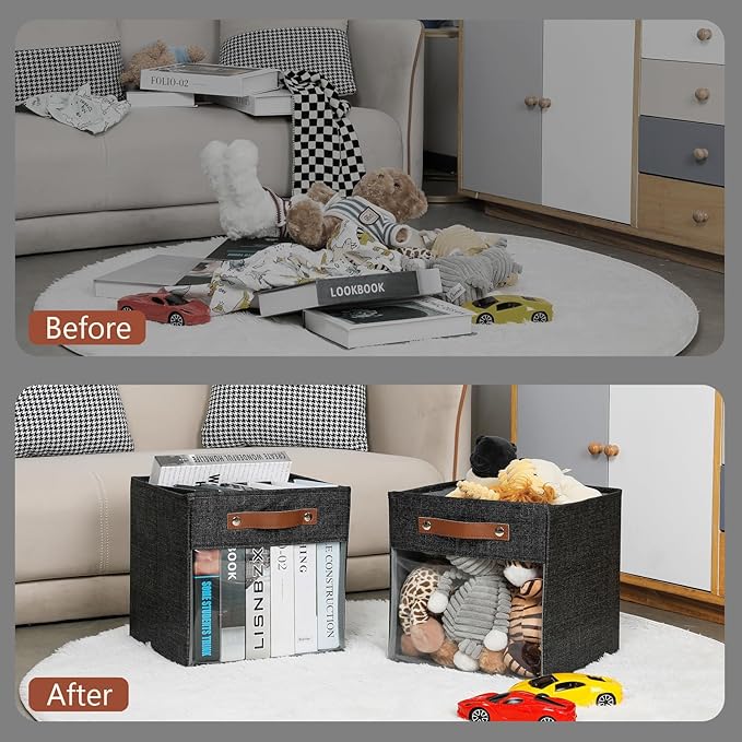 HNZIGE Fabric Cube Storage Bins 11 x 11, Collapsible Storage Cubes Bins for Storage Shelves,Foldable Cube Storage Bins for Storage, Cubby Closet Clear Bins for Storage Blanket(Prints Black 6PCS)-Ruum Studio Home