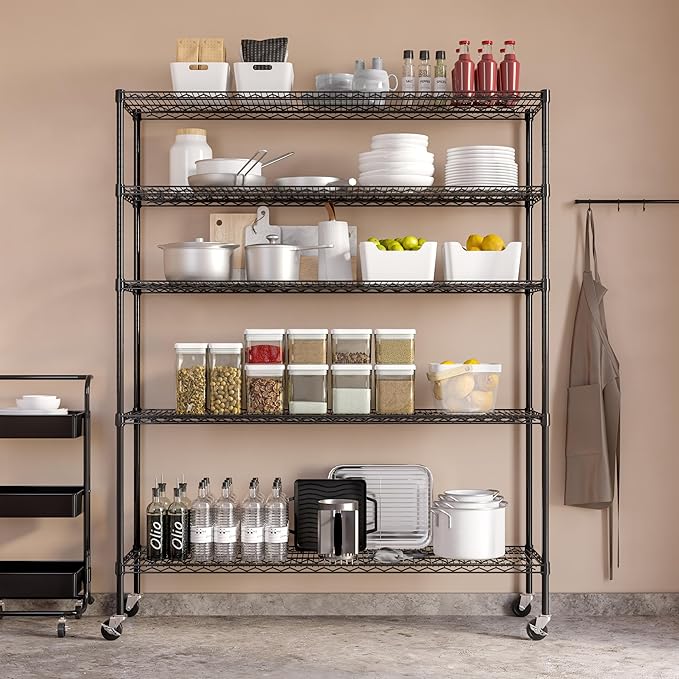 Seville Classics UltraDurable Heavy Duty NSF Solid Steel Wire Rack Storage Unit, Organizer for Garage, Warehouse, Office, Restaurant, Classroom, Kitchen, Black, 5-Tier Shelving, 60" W x 18" D-Ruum Studio Home