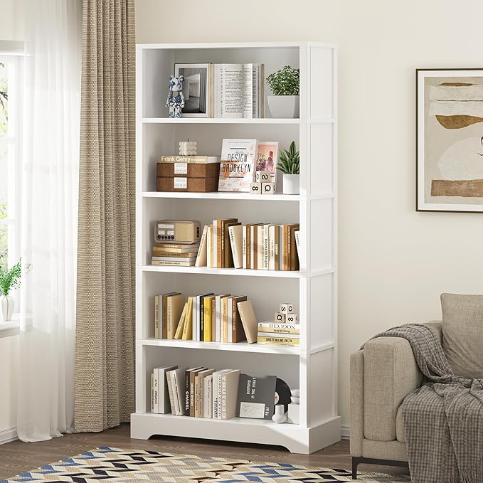 TVU 5-Shelf Wood Bookcase, 65 Inch Tall Bookshelf with Storage, Floor Standing Display Book Shelf，for Living Room Bedroom Study Office, White-Ruum Studio Home