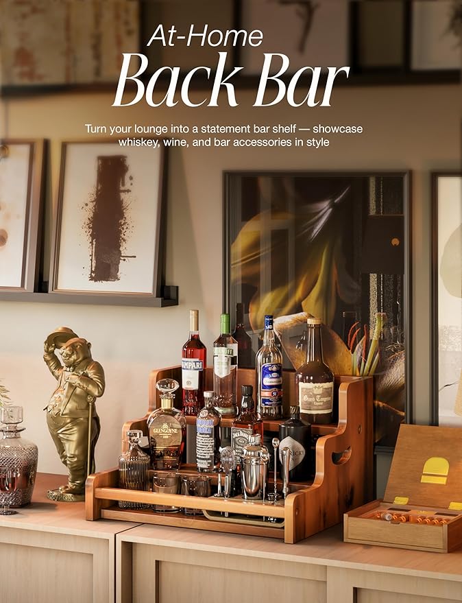 Tinamo Acacia Wood Liquor Bottle Display Shelf – 3-Tier Countertop Wine Rack, Bar Shelf – Whiskey Bar Stand for Home, Bottle Organizer for Countertop, Man Cave Decor – Wine Holder with Handles-Ruum Studio Home