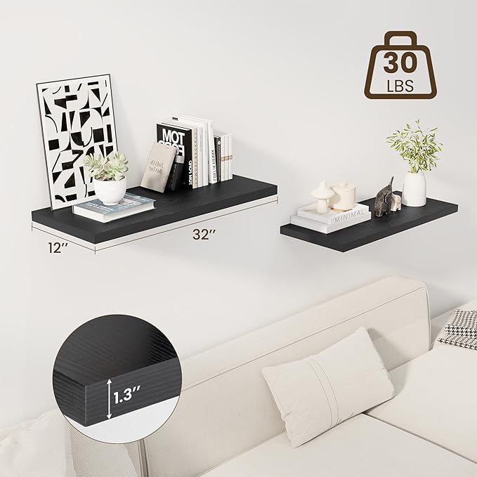 32" Floating Shelves for Wall, 12" Deep Slim Black Floating Shelves, Wall-Mounted Shelves for Bedroom, Living Room, Kitchen, Bathroom - Set of 2-Ruum Studio Home