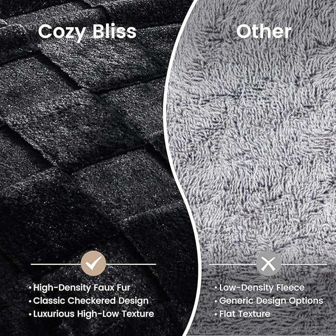 Cozy Bliss Checkered Faux Rabbit Fur Black Throw Blanket, Soft Fuzzy Fluffy Minky Furry Plush Blankets for Couch, Bed (50 * 60 Inches Black)-Ruum Studio Home