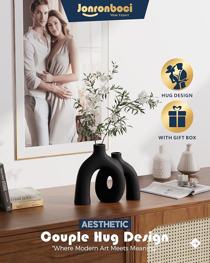Matte Black Vase Set - Hug Hollow Donut Aesthetic Ceramic Vases Home Decor, Modern Nordic Minimalist Decorative Vase for Table Centerpiece Bookshelf Office Entryway Console Fireplace (Black)-Ruum Studio Home