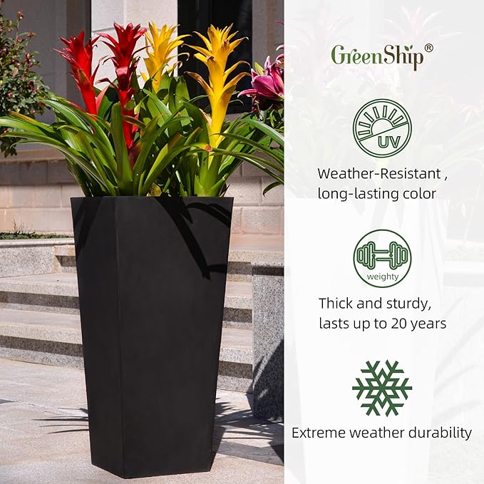 GreenShip 27" Tall Planters, Set of 2 – Black Outdoor Planter for Front Porch & Tall Plants, Weather-Resistant, with Drainage Hole & Rubber Plug (No Plants Included) (Black-2pcs)-Ruum Studio Home